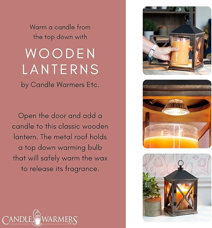 Candle Warmers Etc. Wooden Farmhouse Lantern for Top-Down Candle Melting (Weathered Espresso) – Flame-Free Fragrance in Minutes, Longer-Lasting Candles