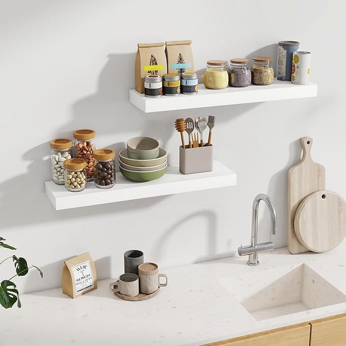Fun Memories 30Inch Floating Shelves for Wall, 2 Pack Rustic Wood Shelves for Bathroom|Kitchen Wall Mounted Floating Shelf with Invisible Brackets for Books|Storage|Decor,White