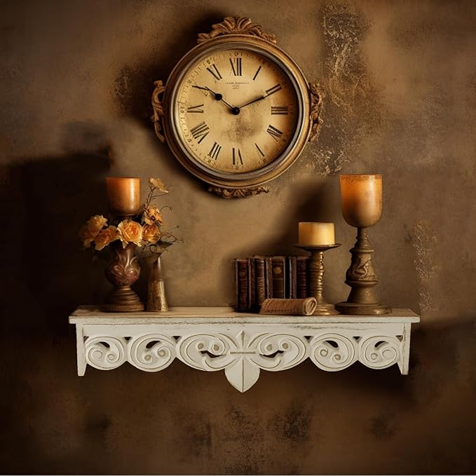 White Vintage Wall Shelves Decor - Antique Floating Shelf Wood Wall French Country Decor Farmhouse Rustic Hanging Shelves for Living Room Bedroom (16.5"+15")