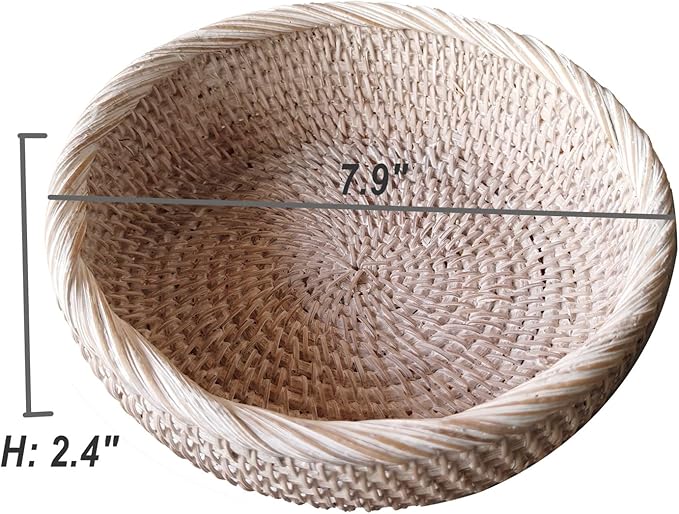 Wash White Round Rattan Bowl Basket,White Decorative Handmade Wicker Key Holder, Decorative Woven Rattan Basket Tray with Wrapping Edge and 2 Inch Deep Wall,7.9"x2.4"