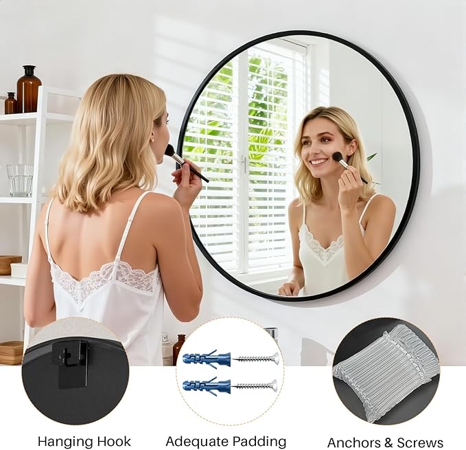 Bathroom Mirror for Wall, 20 Inch Round Mirror, Matte Black Metal Framed Circle Vanity Mirror for Bathroom Bedroom Living Room Entryway, Anti-Rust, Tempered Glass, Hanging or Leaning