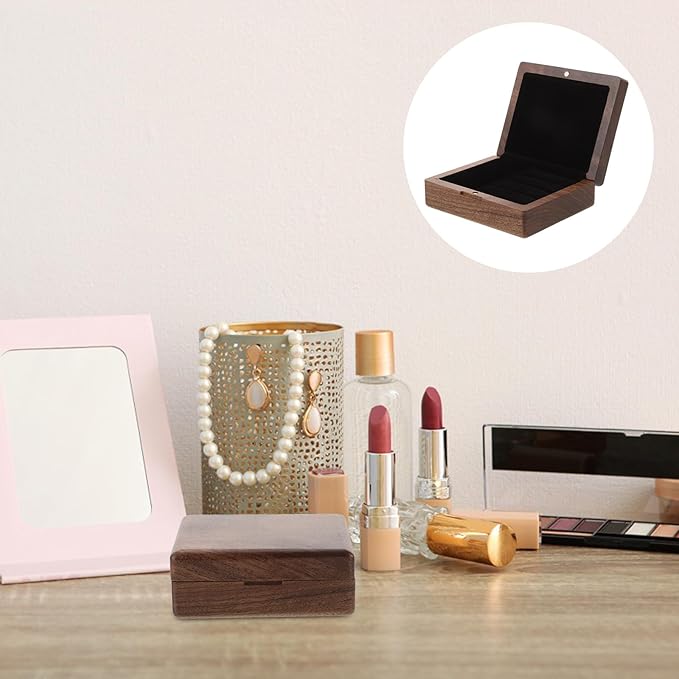 Wooden Jewelry Box Mini Ring Holder Single Slot Velvet Lining Rustic Engagement Proposal Storage Case for Women Wedding and Makeup Organizer