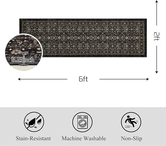 Ruaruarug Area Rug Non Slip Machine Washable Ultra Soft Living Room/Bedroom/Kitchen/Outdoor/Classroom Black Grey, 2'×6'