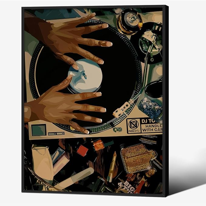 Music Record Canvas Posters Black Woman Abstract Wall Art Vintage Trendy African Girl Prints 12X16 inch Black Framed for Living Room Bedroom Dorm Wall Decor