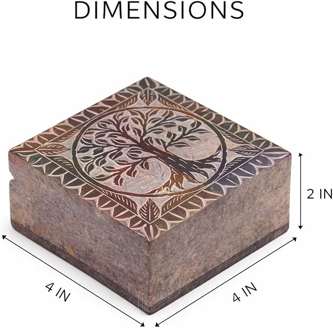 Hand Carved Marble Soapstone Square Shape Jewellery Box | Storage Organizer | Decorative Trinket Ornament Holder. (Multicolor, Length 4 Inch x Width 4 Inch x Height 2 Inch)