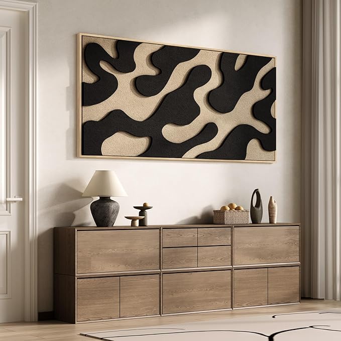 Large 3D Textured Framed Abstract Wall Art for Living Room, Horizontal Modern Paintings Artwork for Walls, Minimalist Neutral Black and Beige Pictures for Bedroom Hallway Office Wall Decor 30x60 In