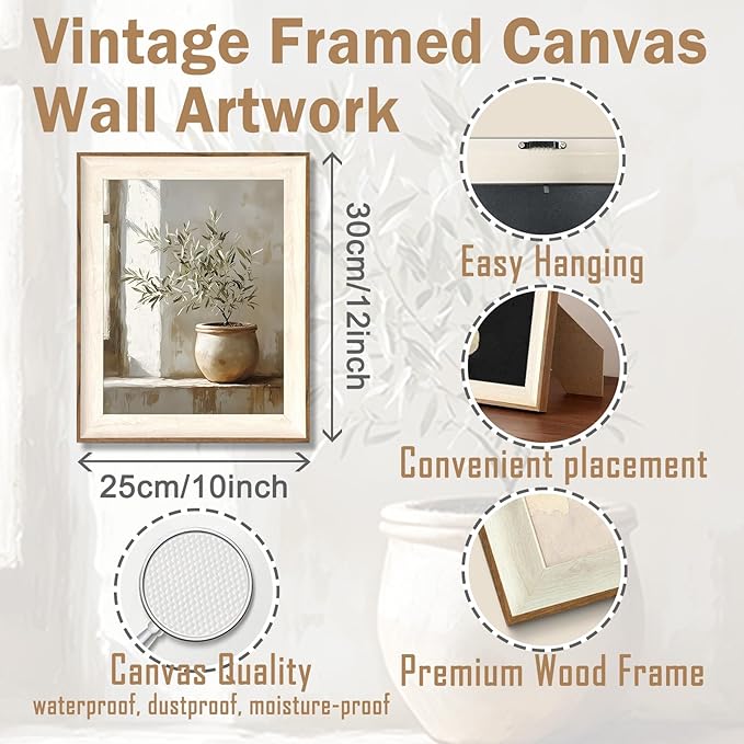 ASTRDECOR Rustic Olive Tree Canvas Wall Art, Vintage Framed Botanical Prints, Neutral Potted Plant Wall Decor for Living Room, Bedroom, Sage Green Painting Organic Farmhouse Artwork 10''x12''
