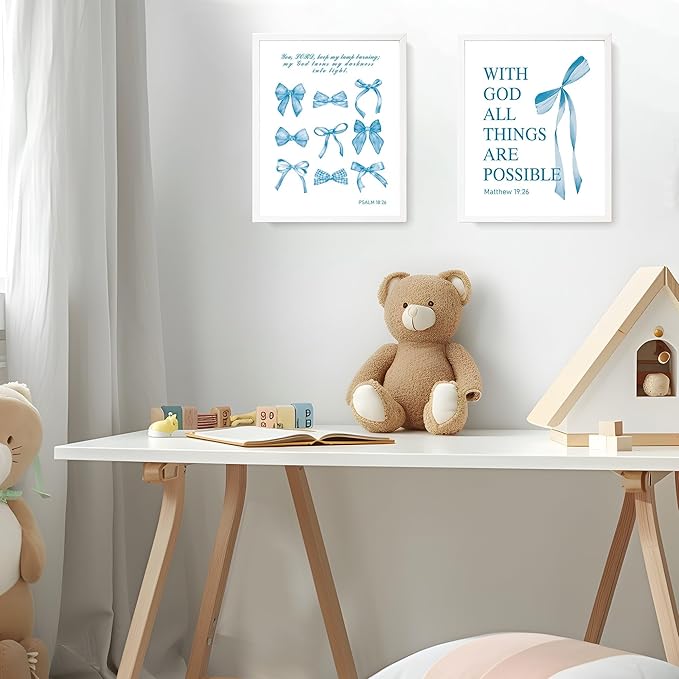 LARTSFRO Coquette Blue Bow Bible Wall Art Decor Poster, Blue Bow Bathroom Decor, Aesthetic Teen Girl Living Room Bathroom Decor, Trendy Gifts for Women Teens Teen Girls, 10x8 Inch Set of 4 Unframed