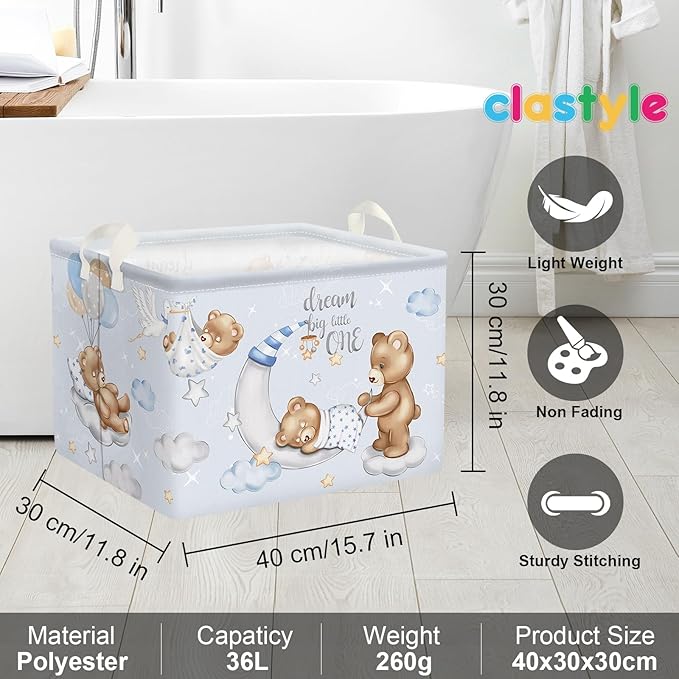 Clastyle Sleeping Bear Balloons Boy Shelf Basket Clouds Stars Moon Baby Shower Basket for Kids Room Blue Rectangle Clothes Toys Cube Storage Basket