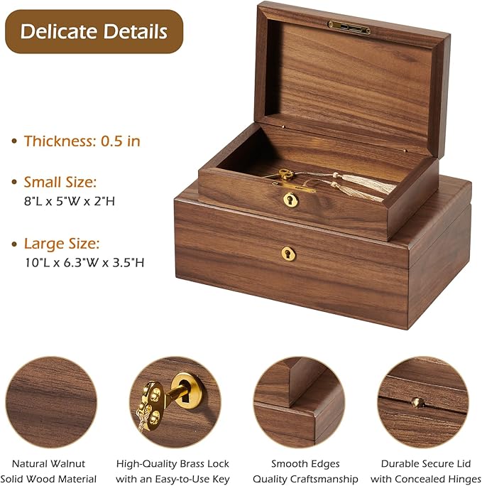 Walnut Storage Boxes with Locking Lid Set of 2 Decorative Solid Wood Storage Baskets Lockable Vintage Wooden Memory Box Chests for Keepsakes Photos Jewelry Desktop Organizer Container