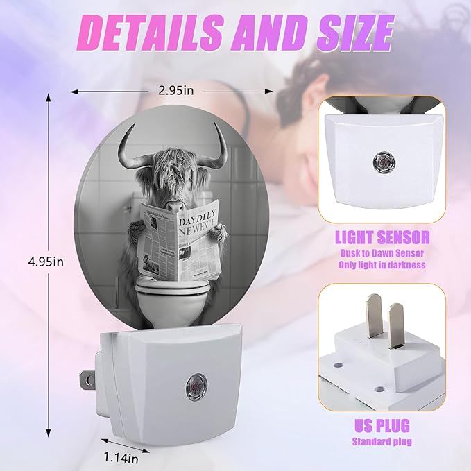 Highland Cow Night Light LED Lamp Round Plug into Wall Nightlight with Dusk to Dawn Sensor Home Hallway Stairway Bathroom Decor