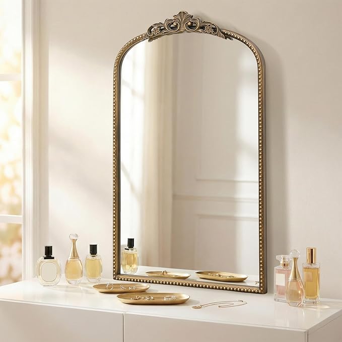 Micasso Vintage Wall Gold Mirror: 31"x 19" French Baroque Antique Mirror - Traditional Ornate Decorative Arched Mirrors for Wall/Bathroom/Entryway/Fireplace/Hallway - Home Decor for Living Room