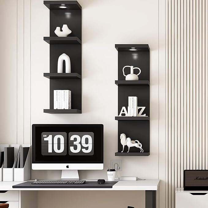 LitaEther Versatile 4 Tier Wall Shelf Unit,Black Lack Wall Shelf,Display Floating Shelf with LED Remote Control Light