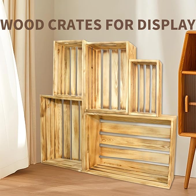 Wooden Crates for Display Large Rustic Nesting Wooden Basket with Handle, Farmhouse Wood Crate for Storage and Container, 5 Size Multipurpose Wood Basket for Fruits Vegetables Boxes XL