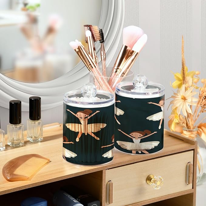 Nander 2Pack Girl Dancing Ballet Qtip Holder Dispenser -Clear Plastic Apothecary Jars Set - Restroom Bathroom Makeup Organizers Containers for Cotton Swab, Ball, Pads, Floss