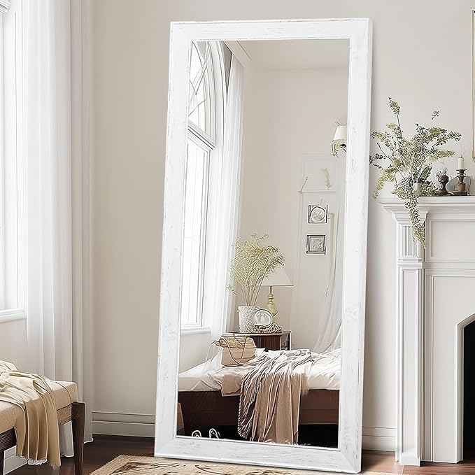 Oversized White Full Length Mirror 71"x32" - Solid Wood Beveled Frame Wall Leaning or Hanging Mirror - Rustic Farmhouse Style for Bedroom, Entryway, Living Room