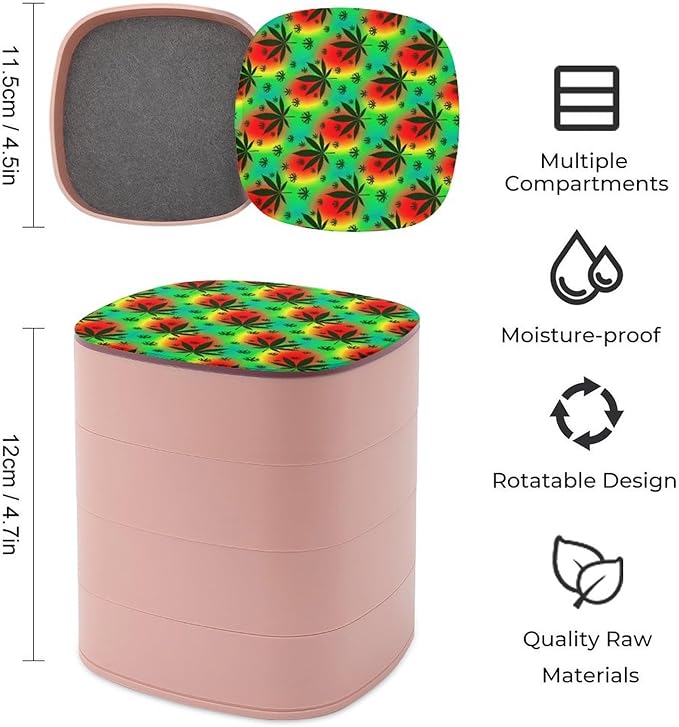 4-Layers Rotating Jewelry Box with Mirror Small Jewelry Storage Box Earring Holder for Bracelets Rings (Rasta Leaf Weedleaf)