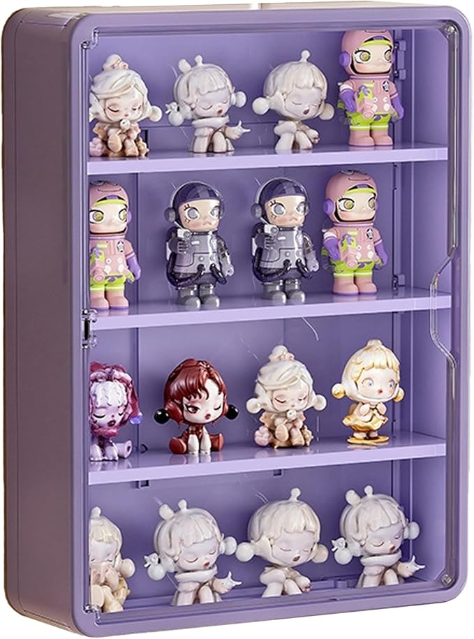 HGYZE Clear Display Case for Figures, 15.75" High, Wall Mounted Shelf with Magnetic Door, Hanging Display Case for Collectibles Action Doll Blindboxes Storage (Purple, 4-Layer 1 Pack)