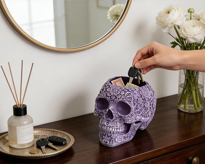 Skull Bowl Decorative Skull Vase Makeup Brush Pen Holder Organizer Dresser Gothic Table Organizer Decoration, Purple Skull Pot Enthusiasts Gifts