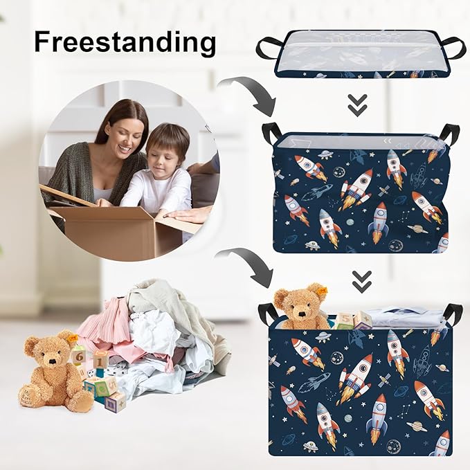 Clastyle Cosmic Space Kids Book Storage Basket Planet Clothes Laundry Basket Parents Gift Toy Box for Bedroom Shower, Rocket, 40x30x30 cm