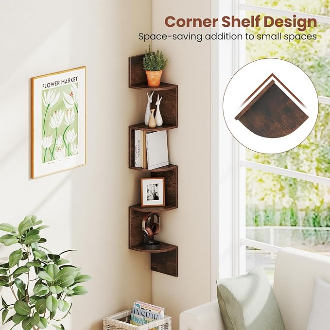 Giantex Corner Shelf Wall Mounted, 5-Tier Floating Corner Bookshelf, Home Storage Organizer, Wooden Display Stand Rack for Wall, Plant Shelf for Living Room, Bedroom, Kitchen (1,Rustic Brown)