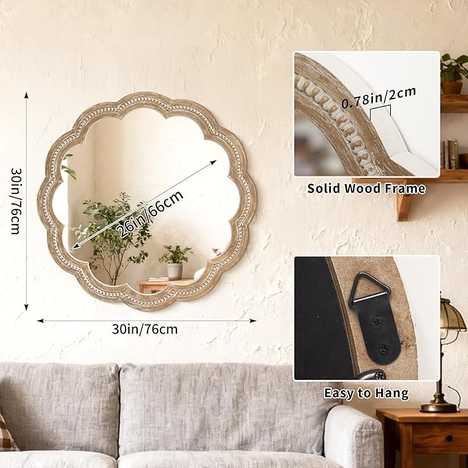 30 Inch Round Wall Mirror, Antique Brown Solid Wood Frame with Wavy Scalloped Edge & Beaded Trim, Vintage Farmhouse Decorative Mirror for Bedroom, Bathroom, Living Room, Entryway