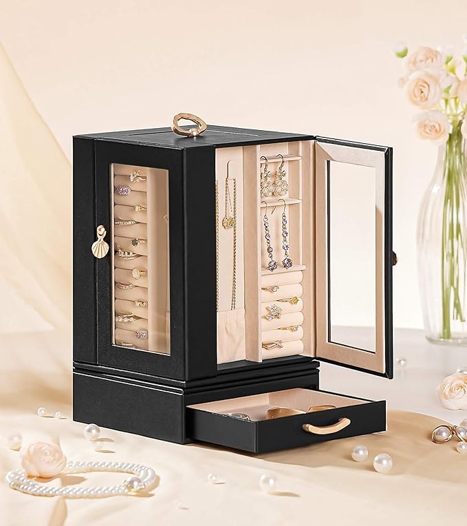 Enthralite Jewelry Box Large for Dresser: Women Necklace Ring Storage Organizer with Compartments - Elegant Earring Holder Display - 360° Rotating Jewelry Organizer with Glass Door