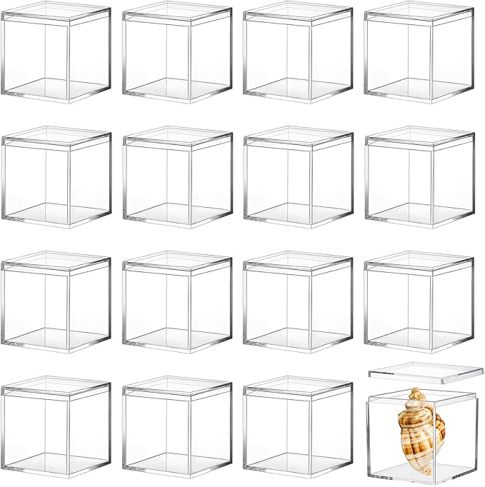 16 Pcs Clear Small Acrylic Box Plastic Acrylic Square Cube with Lid, 2.56×2.56×2.56 inches Gifts Box Storage Containers Display Box for Cosmetics, Jewelry, Party Favors, Makeup, and Tiny Item