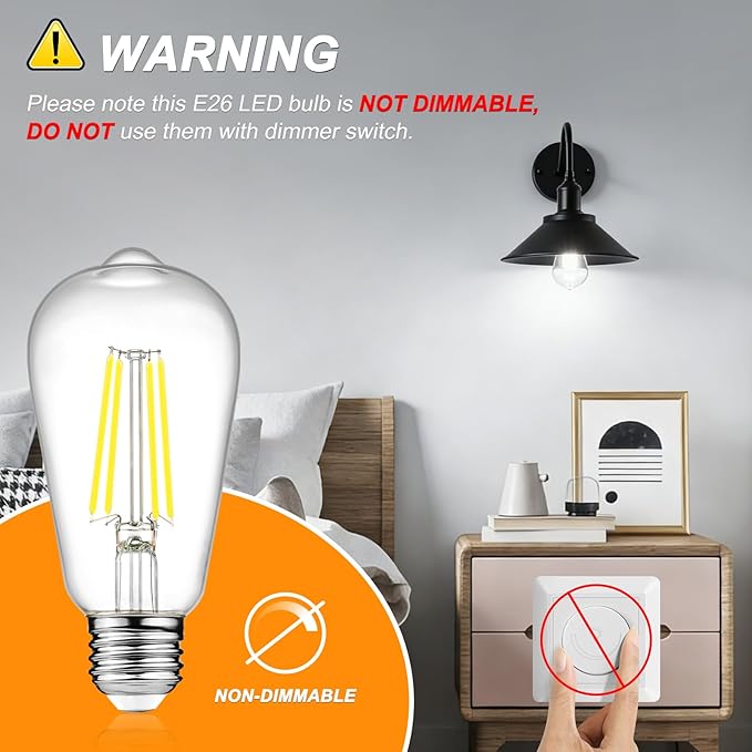 Ascher Vintage LED Edison Bulbs, 6W, Equivalent 60W, Non-Dimmable, Daylight 5000K, 700Lumens, ST58 Antique LED Filament Bulbs with 80+ CRI, E26 Medium Base, Clear Glass, Pack of 12