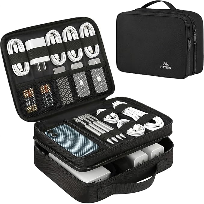 MATEIN Electronics Organizer Travel Case, Water Resistant Cable Organizer Bag for Travel Essentials, Gifts for Men, Storage Bag for Camera Accessories, Phone, Cord & Tablet, Black