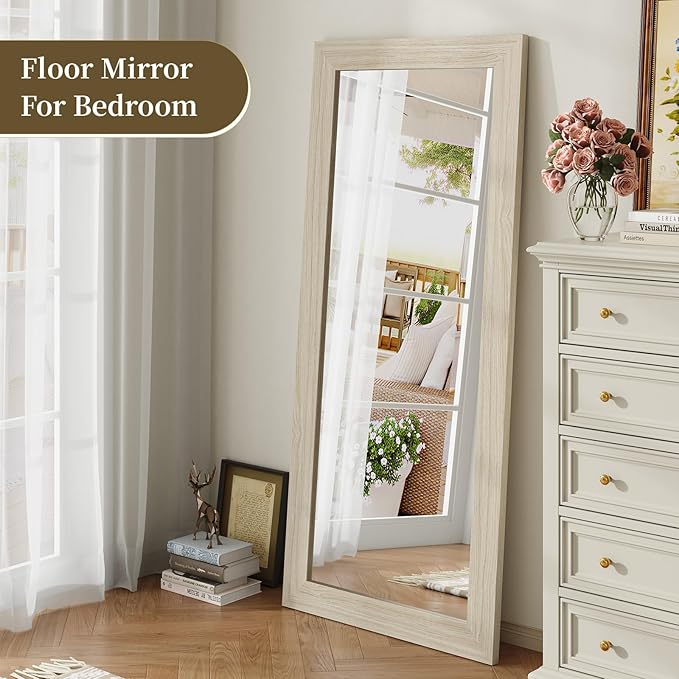 Syndra Modern Full Length Mirror Wood Frame, 65x24'' Large Floor Mirror with HD Tempered Glass & Wall Mount Option, Rectangular Standing Mirror for Bedroom, Living Room, Entryway, Farmhouse(White Oak)
