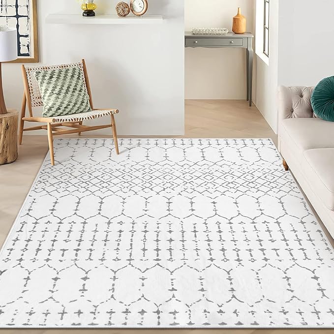 Lahome Moroccan Machine Washable Rugs 6x9 Rug for Living Room Non-Slip Large Area Rug Lightweight Throw Non-Shed Dining Room Rug, Geometric Print White Soft Floor Carpet for Bedroom Classroom Hana