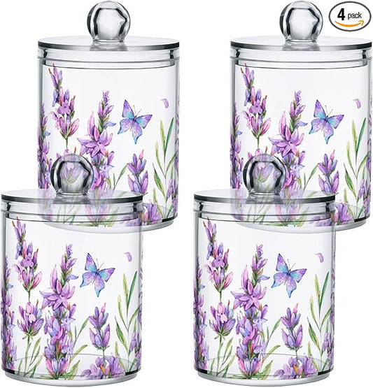 ALAZA 4 Pack Qtip Holder Dispenser for Cotton Ball Lavender Flower Purple Cotton Swab Round Pads Clear Plastic Acrylic Jar Set Bathroom Canister
