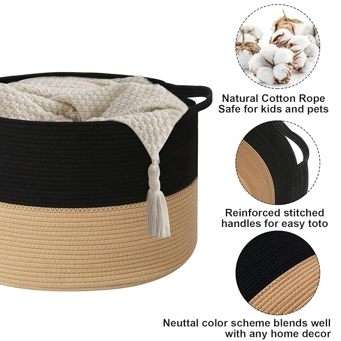 90L Large Blanket Basket, 21.7"x 21.7"x 13.8" Rope Woven Storage Basket with Handles, Laundry Hamper for Toys, Clothes, Pillows & Towels, Perfect for Living Room, Nursery & Bedroom,Black&Camel