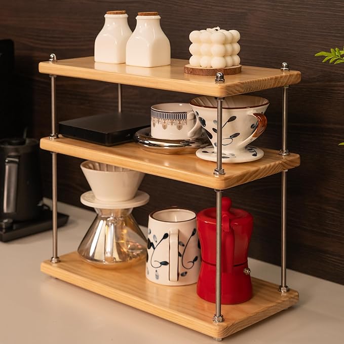 Solid Wood Coffee Station Organizer for Kitchen Countertop, Corner 3 Tier Adjustable Wooden Shelf with 304 Threaded Rod for Coffee Bar Accessories, Vintage Storage Caddy for Home, Cafes, Natural