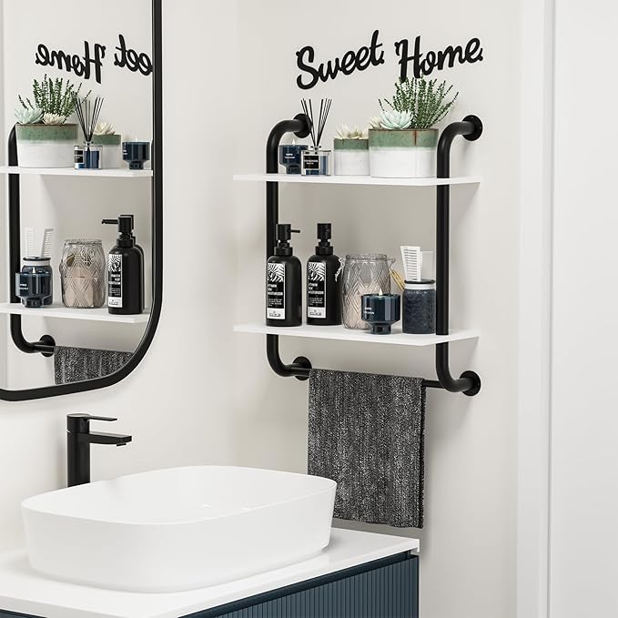 Tinpin Bathroom Shelves Wall Mounted, Rustic Farmhouse Pipe Shelves 2-Tier, Floating Shelf Wall Decor for Bathroom, Kitchen, Bedroom, Living Room Thanksgiving Day 17.3in White