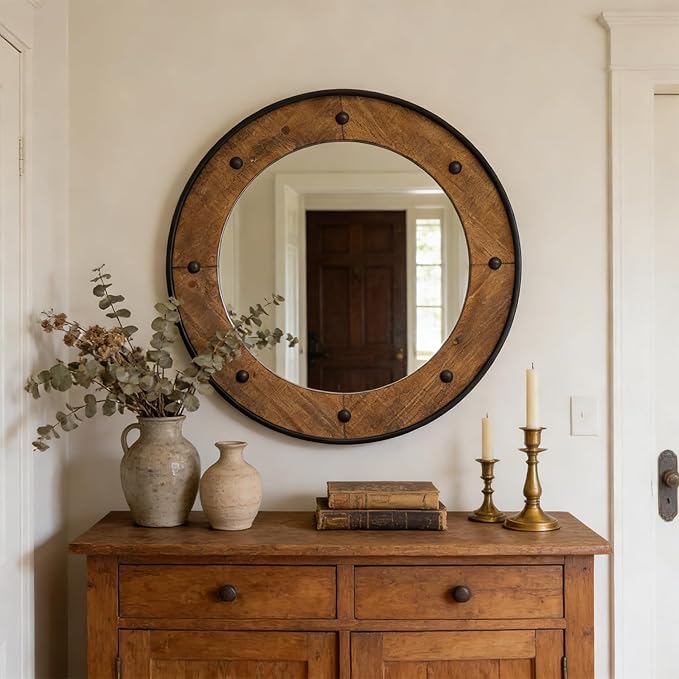 Rustic Round Wall Mirror 30 Inch, Natural Wood Frame with Black Metal Trim, Industrial Farmhouse Round Wood Mirror, Decorative Wall Mirror for Bathroom, Living Room, Entryway