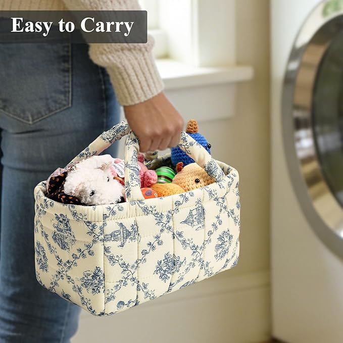 Small Storage Basket Organizer, Mini Fabric Floral Storage Baskets with Handle, Quilted Portable Collapsible Storage (Vine-Green)