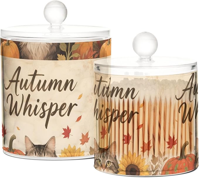 Hello Fall Autumn Cat Pumpkin Sunflower Clear Plastic Makeup Organizer Storage with lid Dresser Essentials Decorative small storage bins for Cotton Swabs,Cotton Pads,Floss Picks,Paper