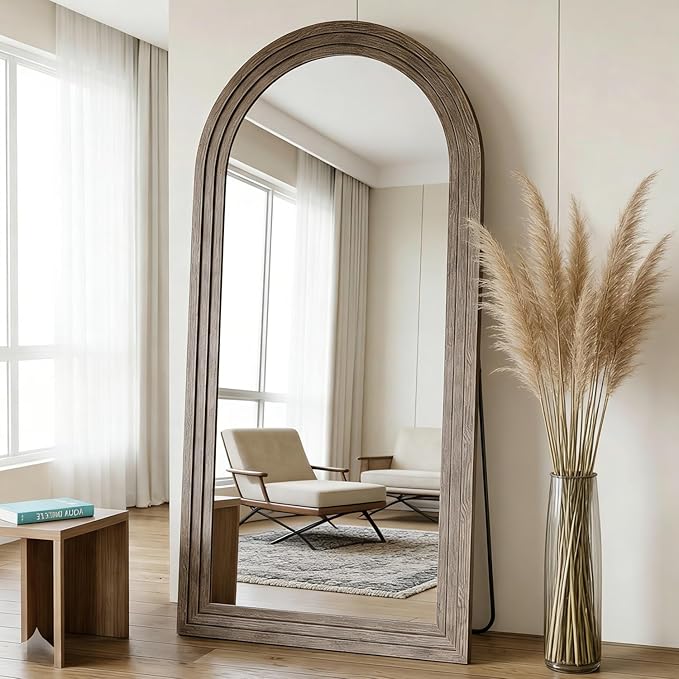 CASSILANDO 71x32 Inch Arched Full Length Mirror with Solid Wood Frame Wall Mounted Floor Mirror, Vertical Hanging Leaning Standing Mirror for Living Room, Bedroom, Entryway, Brown