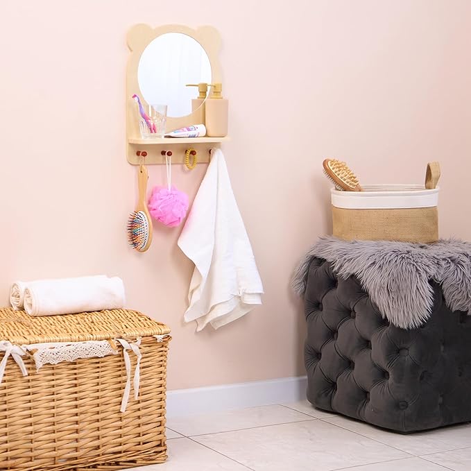 ODOXIA Toddler Self Care Station | Montessori Shelf with Hooks and Mirror | Montessori Bathroom Station | Mirror with Shelf and Hooks | Bathroom Organizer for Kids | Encourage Independence