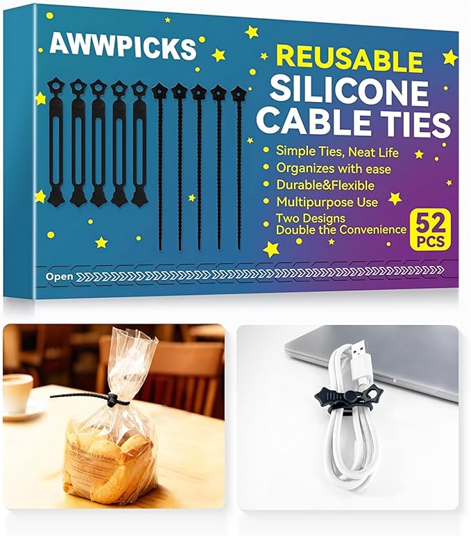 52 Pack Silicone Cable Ties, Reusable Star Design Cord Organizer Straps in 2 Styles, Durable & Stretchable Wire Management for Home, Office, Travel (Black)