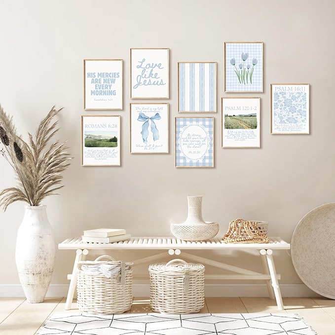 Light Blue Christian Wall Art Coquette Bible Verse Canvas Wall Decor Preppy Trendy Floral Poster Aesthetic Christian Bow Picture Religious Scripture Prints for Girls Dorm Bedroom 12x16x9 Inch Unframed