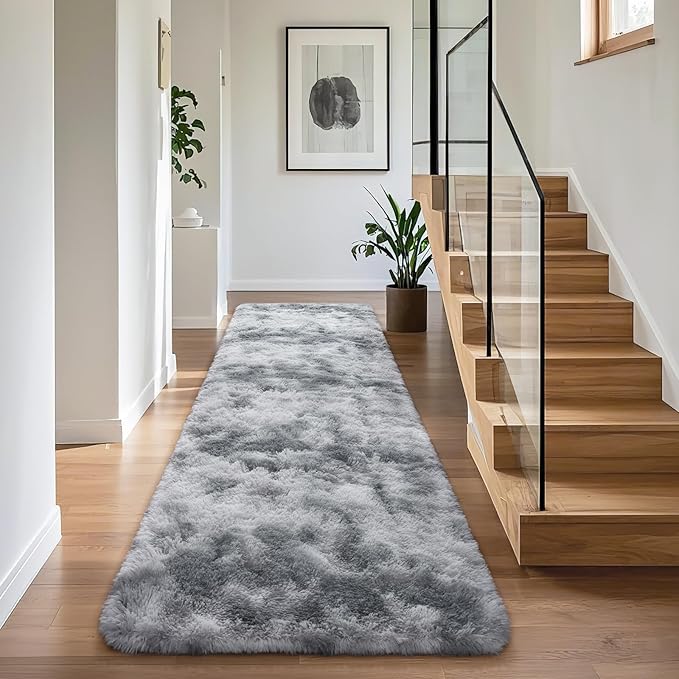 BENRON Soft Runner Rugs for Bedroom 2x8, Washable Long Runners for Hallway Entryway Kitchen Dorm, Fluffy Throw Rug for Kids Girls Room Decor Photo Prop, Tie-dye Grey