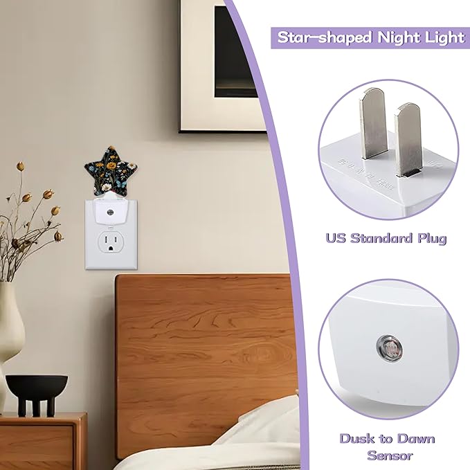 Floral Black Nightlights Plug in Wall,Decorative Star Lamp with Automatic Lighting for Living Space,Gentle Glow for Kids Room,Hallway,Bathroom