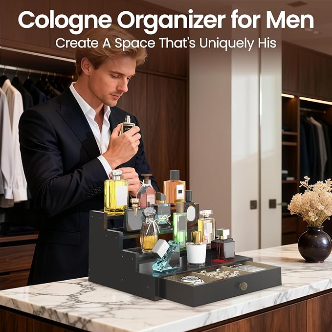 MODOWEY Perfume Organizer Cologne Holder Stand for Men, Wooden Wide-Spaced Shelf with Drawer, 4 Tier Large Capacity Storage Rack for Dresser Countertop, for a Neat, Accessible Fragrance Display, Black