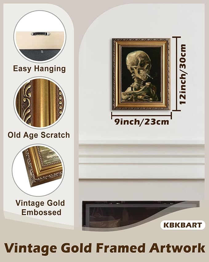 KBKBART Gold Framed Canvas Wall Art Skull of a Skeleton with Burning Cigarette Van Gogh Art Print, Dark Academia Wall Decor Gothic Wall Art for Halloween, Living Room, Bedroom, Office, Bathroom, Gothic - 9"x12"