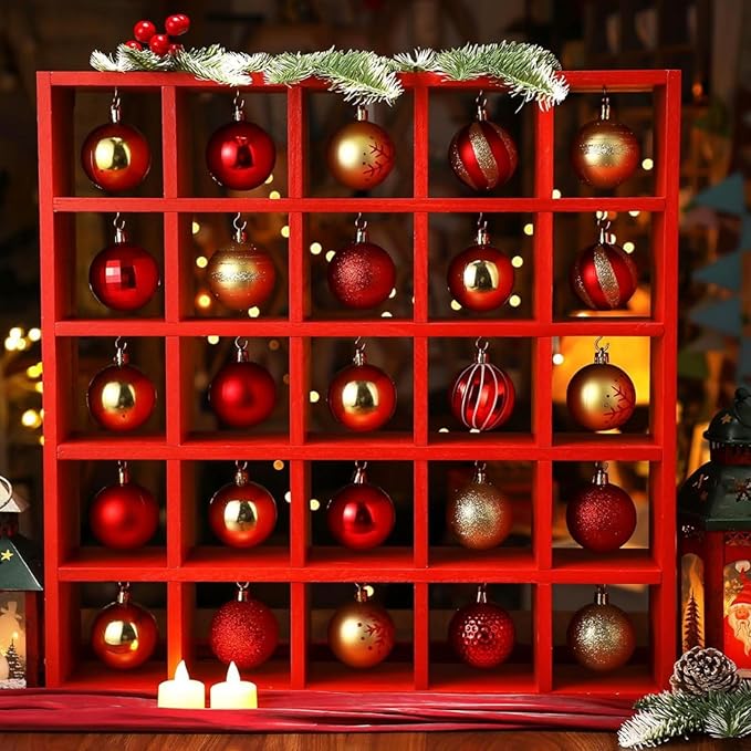 Cinnvoice Christmas Holiday Ornament Displays Rack Wooden Hanging Stand Holder Hanger for Christmas Ball Display Shelf Cabinet for Craft DIY Wall Decorations Gift (Red,25 Compartment)