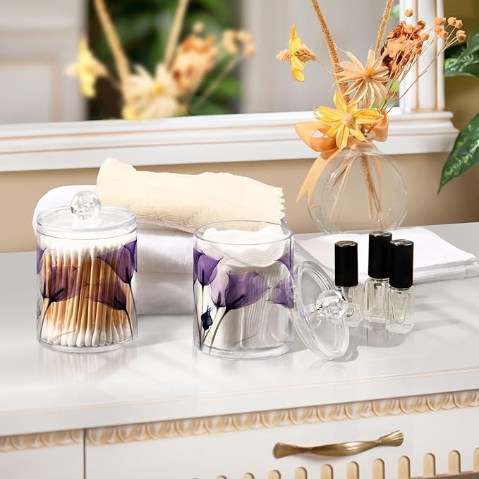 2 Pack Qtip Holder Dispenser for Cotton Ball Purple Tulip Lily Flower Swab Round Pads Clear Plastic Acrylic Jar Set Bathroom Canister