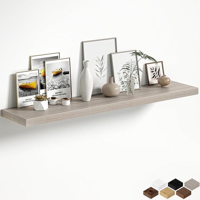 Gray Floating Shelves for Wall, 55 Inch Floating Shelves Set of 1, Wall Mounted Rustic Wood Shelf for Bathroom, Living Room, Bedroom and Kitchen, Hanging Shelf for Storage, Books, Home Decor